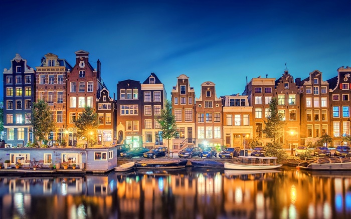 암스테르담, 네덜란드, 도시, 저녁, 강, 주택, 조명 배경 화면 그림