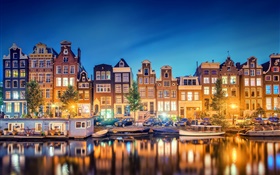 암스테르담, 네덜란드, 도시, 저녁, 강, 주택, 조명