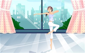 아시아 젊은 여자 댄스, 방, 창, 벡터 이미지 HD 배경 화면