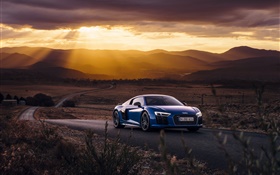 아우디 R8 V10 블루 자동차, 일몰, 구름 HD 배경 화면