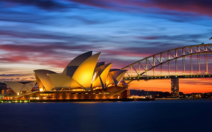 호주, 시드니 오페라 하우스, 다리, 저녁, 조명, 바다 배경 화면 그림