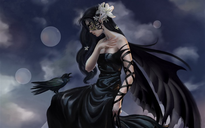 검은 드레스 환상 소녀, 까마귀 마법사, 날개 배경 화면 그림