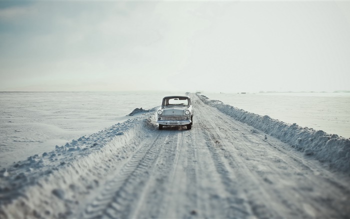 자동차, 도로, 눈, 레트로 스타일 배경 화면 그림