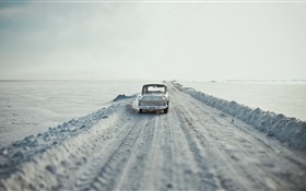 자동차, 도로, 눈, 레트로 스타일 HD 배경 화면