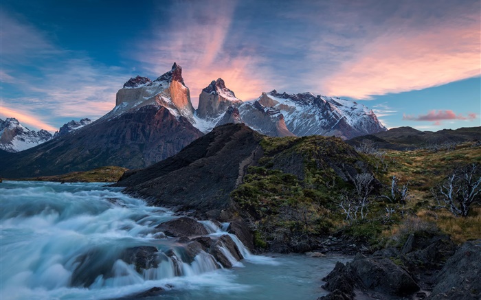 칠레, 파타고니아, 국립 공원 토레스 델 페인, 산, 강, 일출 배경 화면 그림