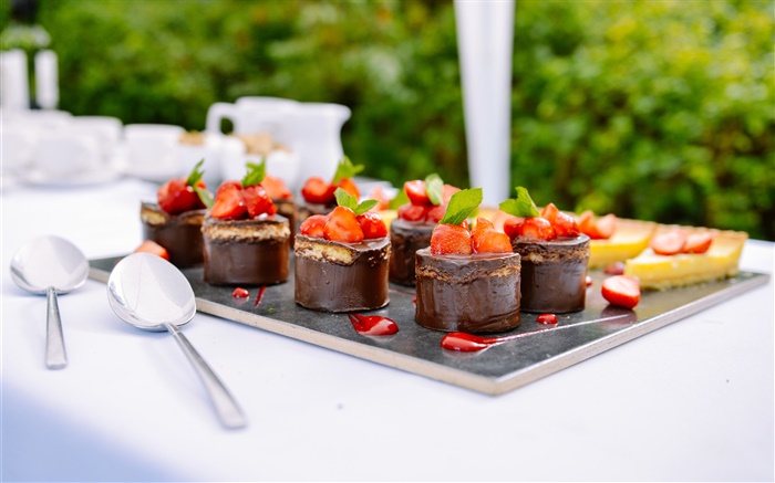 초콜릿 케이크, 디저트, 딸기, 민트, 음식 배경 화면 그림