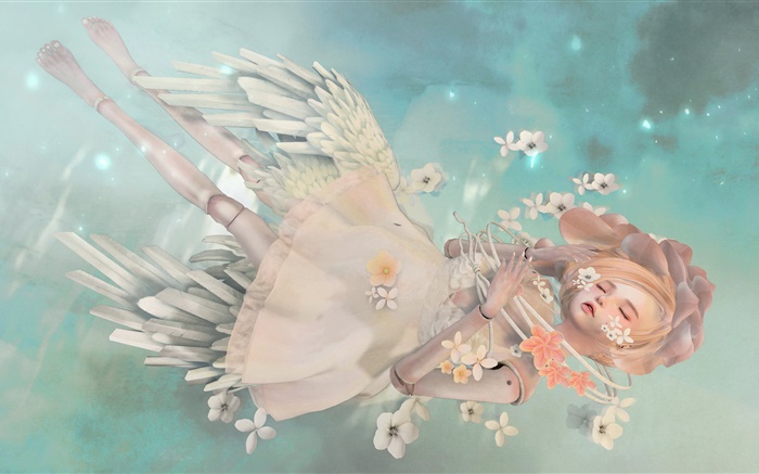 판타지 천사 소녀, 금발, 수면, 꽃 배경 화면 그림