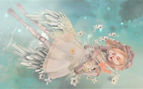 판타지 천사 소녀, 금발, 수면, 꽃 HD 배경 화면