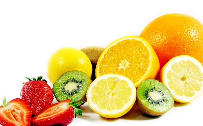 과일 근접 촬영, 오렌지, 레몬, 키위, 딸기 배경 화면 그림