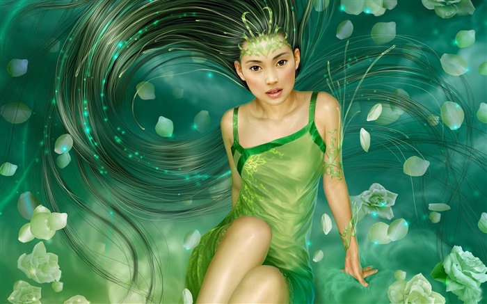 녹색 드레스 판타지 소녀, 긴 머리 배경 화면 그림