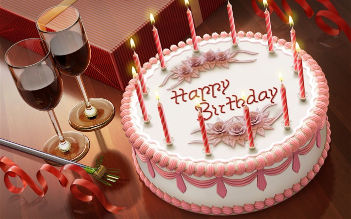 생일, 케이크, 양초, 와인, 선물 배경 화면 그림