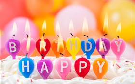 생일 축하, 다채로운 촛불, 화재, 케이크 HD 배경 화면