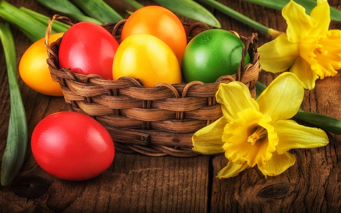 행복한 부활절, 다채로운 계란, 장식, 노란색 수선화 배경 화면 그림
