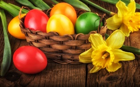 행복한 부활절, 다채로운 계란, 장식, 노란색 수선화