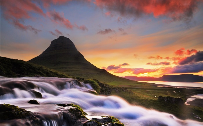 아이슬란드, Kirkjufell, 산, 폭포, 아침, 일출 배경 화면 그림