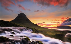 아이슬란드, Kirkjufell, 산, 폭포, 아침, 일출