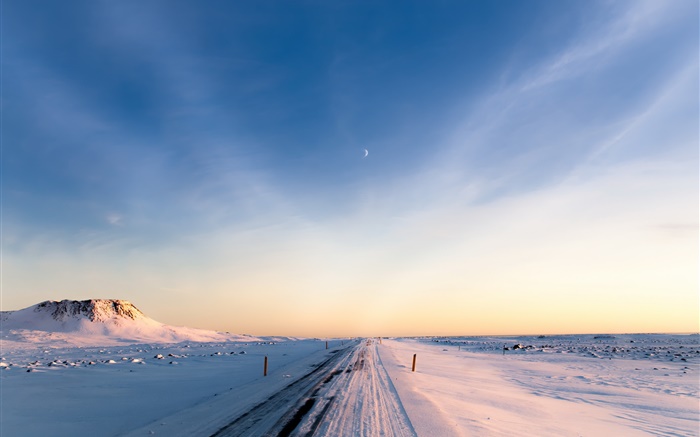 아이슬란드, 겨울, 눈, 도로, 아침, 하늘 배경 화면 그림