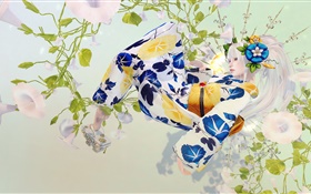 일본 여자, 흰 머리, 기모노, 판타지 HD 배경 화면