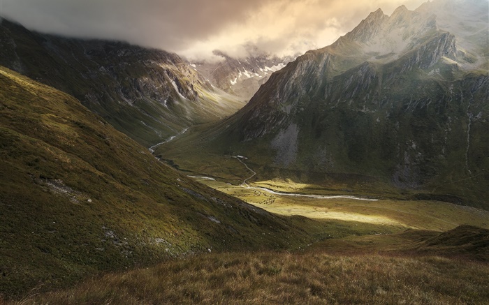 산, 계곡, 강, 구름, 자연 풍경 배경 화면 그림