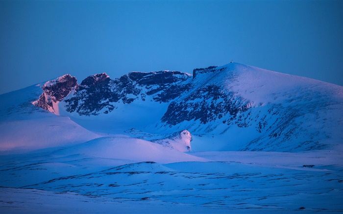 산, 겨울, 눈, 푸른 스타일, 황혼 배경 화면 그림
