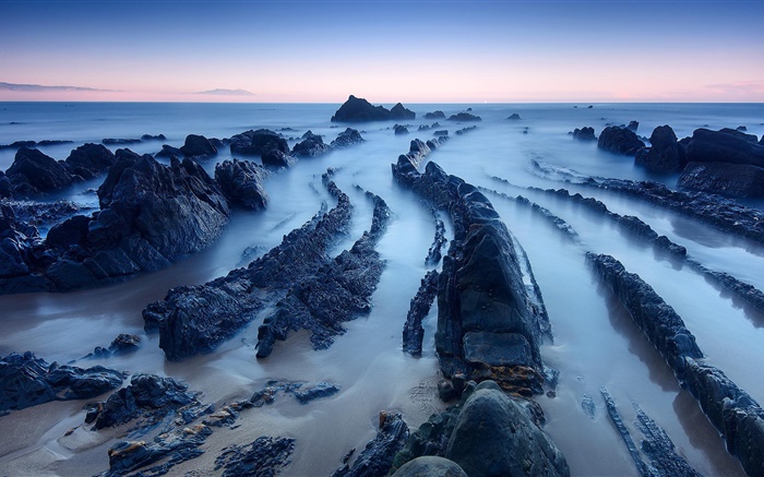 바다, 해안, 돌, 바위, 새벽 배경 화면 그림
