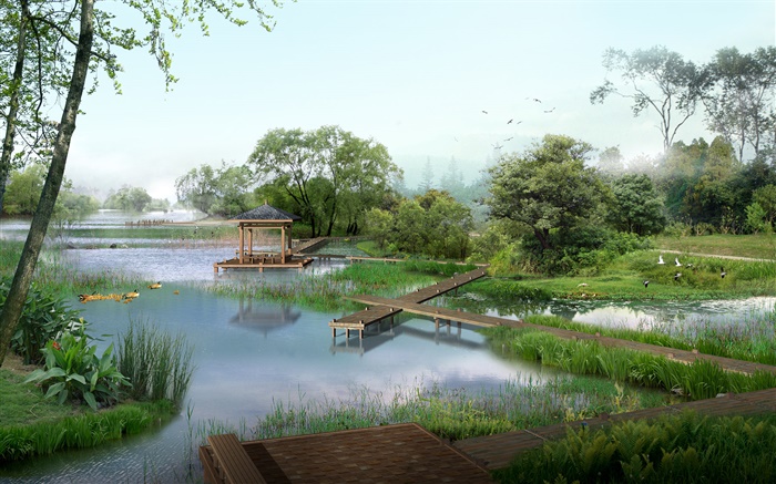 공원보기, 호수, 오리, 나무, 파빌리온, 잔디, 조류, 3D 이미지를 렌더링 배경 화면 그림