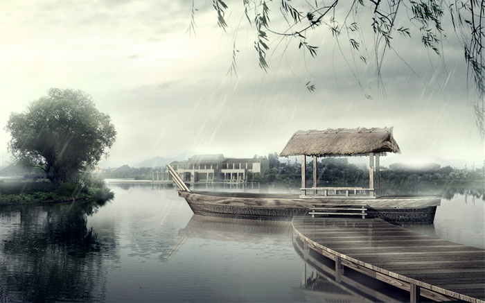 부두, 보트, 강, 나무, 비오는 날, 3D 설계 배경 화면 그림
