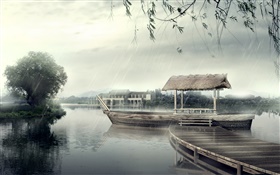 부두, 보트, 강, 나무, 비오는 날, 3D 설계 HD 배경 화면