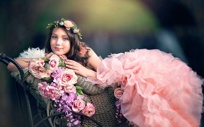 핑크 드레스 소녀, 꽃, 화환 배경 화면 그림