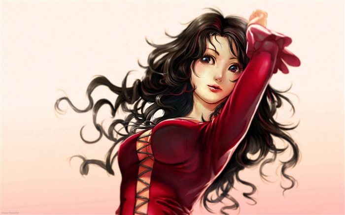 빨간 드레스 판타지 소녀, 곱슬 머리 배경 화면 그림
