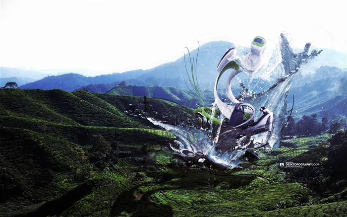 로봇 괴물, 물 얼룩, 산, 창조적 인 디자인 사진 배경 화면 그림