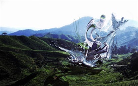 로봇 괴물, 물 얼룩, 산, 창조적 인 디자인 사진