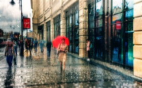 상트 페테르부르크, 여자, 우산, 비, 거리, 사람들