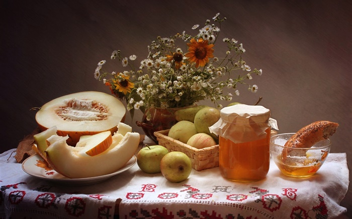 아직도 인생, 음식, 꽃, 사과, 꿀, 멜론 배경 화면 그림