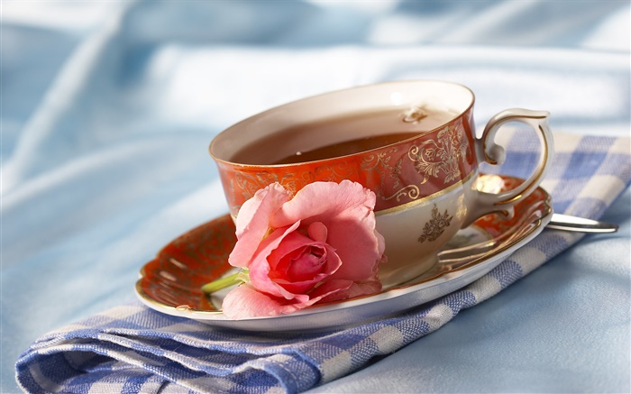 차, 컵, 음료, 핑크 장미 꽃 배경 화면 그림