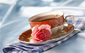 차, 컵, 음료, 핑크 장미 꽃 HD 배경 화면