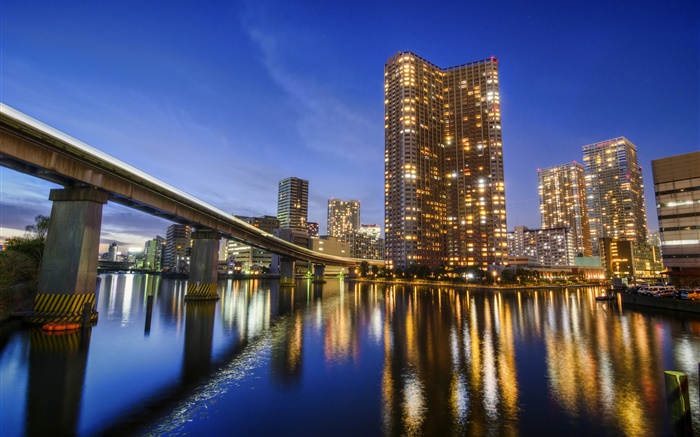 도쿄, 일본, 도시, 밤, 베이, 물 반사, 고층 빌딩, 조명 배경 화면 그림
