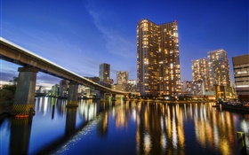 도쿄, 일본, 도시, 밤, 베이, 물 반사, 고층 빌딩, 조명 HD 배경 화면