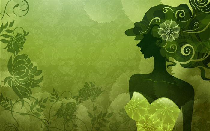 벡터 소녀, 녹색 스타일, 꽃, 디자인 배경 화면 그림