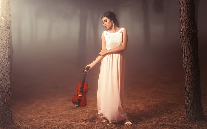 숲, 바이올린, 기분 흰 드레스 소녀 배경 화면 그림