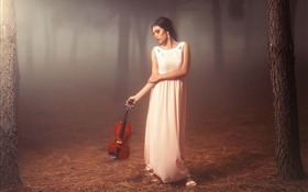 숲, 바이올린, 기분 흰 드레스 소녀 HD 배경 화면