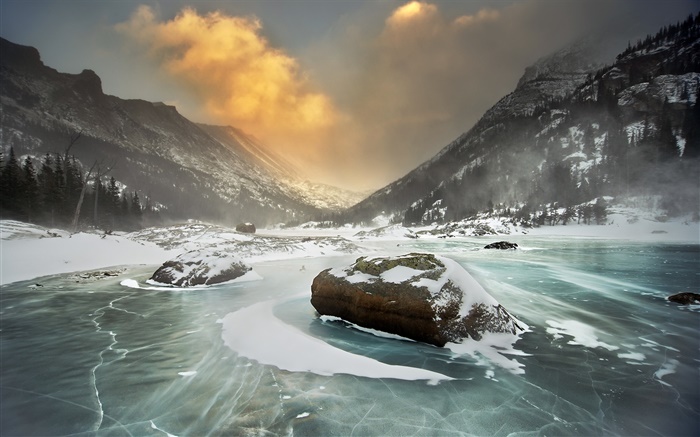 겨울, 눈, 산, 호수, 자연 풍경 배경 화면 그림