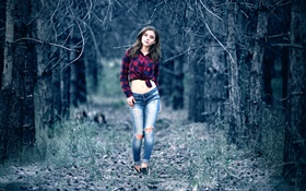 신비의 숲, 산책, 청바지, 중앙부, 셔츠에 어린 소녀 HD 배경 화면