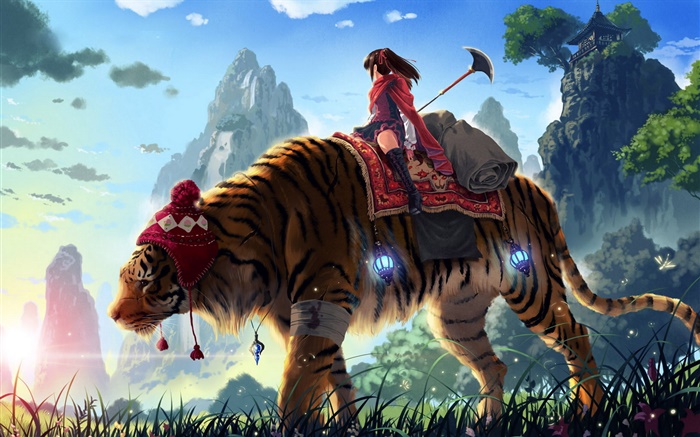 애니메이션 소녀를 타고 호랑이, 산, 잔디 배경 화면 그림
