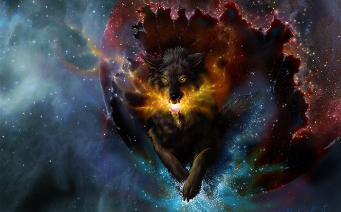 아트 드로잉, 늑대, 불꽃, 별 배경 화면 그림