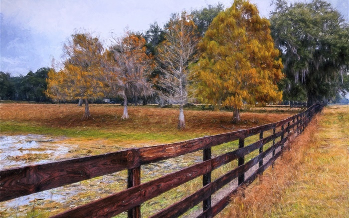 가을 그림, 나무, 울타리 배경 화면 그림