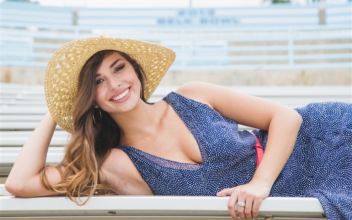블루 드레스 미소 소녀, 모자, 여름 배경 화면 그림