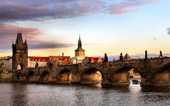 체코, 프라하, 도시, 다리, 강, 주택 배경 화면 그림