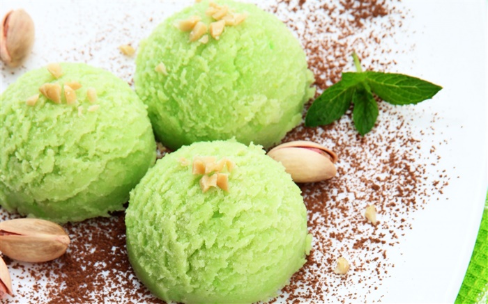 녹색 색상 아이스크림, 견과류, 달콤한 음식 배경 화면 그림