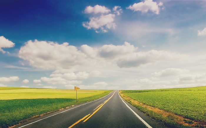 푸른 잔디, 도로, 고속도로, 구름 배경 화면 그림